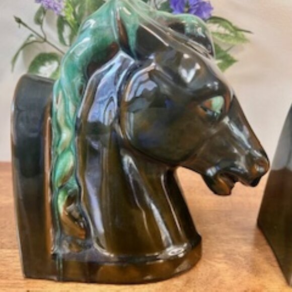 Blue‎ Mountain Pottery Horse Head Bookends Canadian Mid-Century Green Drip Glaze - Picture 5 of 6